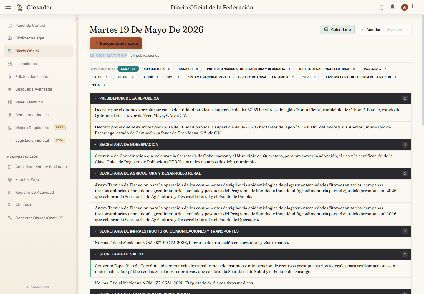Pantalla de Glosador mostrando publicaciones del Diario Oficial de la Federación